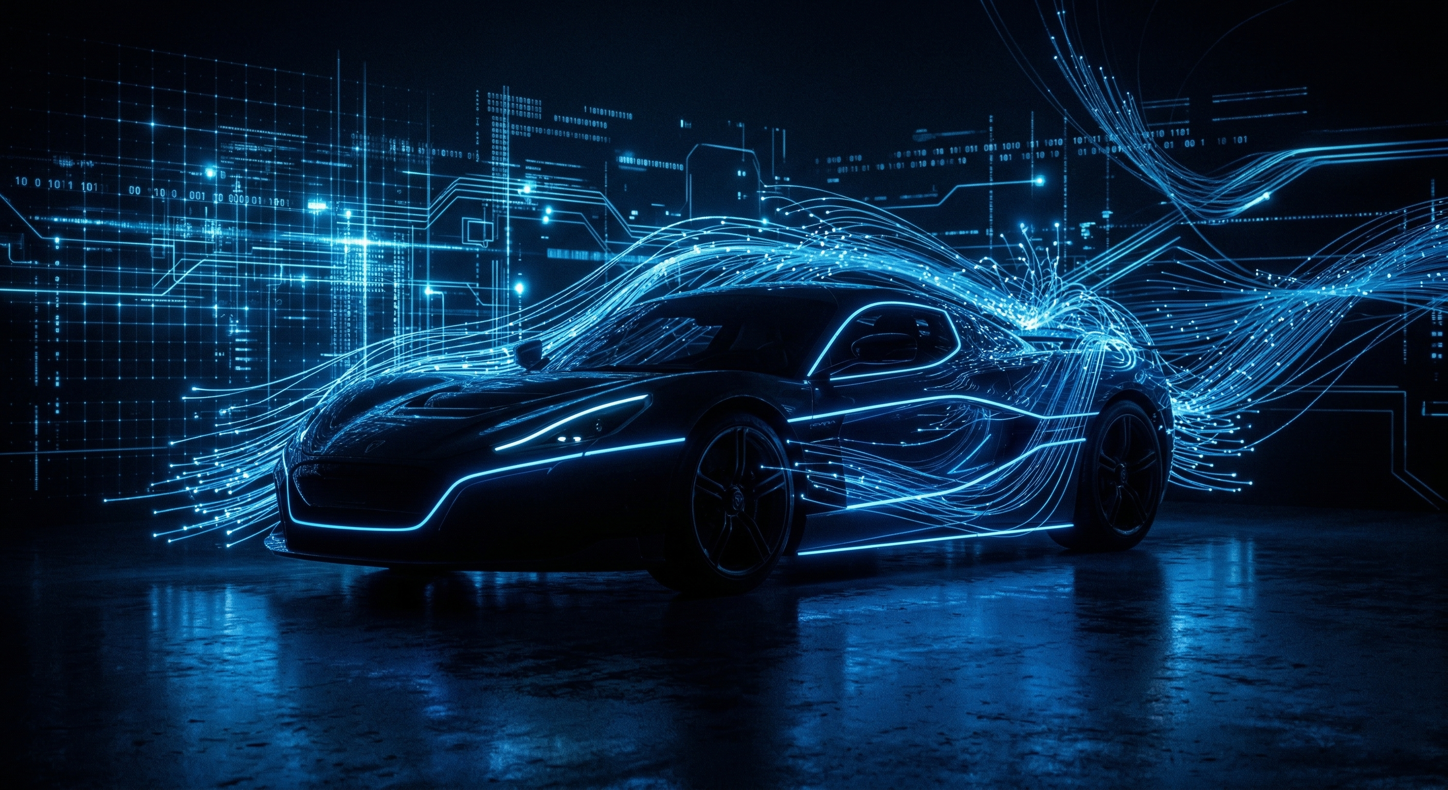 Futuristisches Fahrzeug mit digitalen Datenströmen